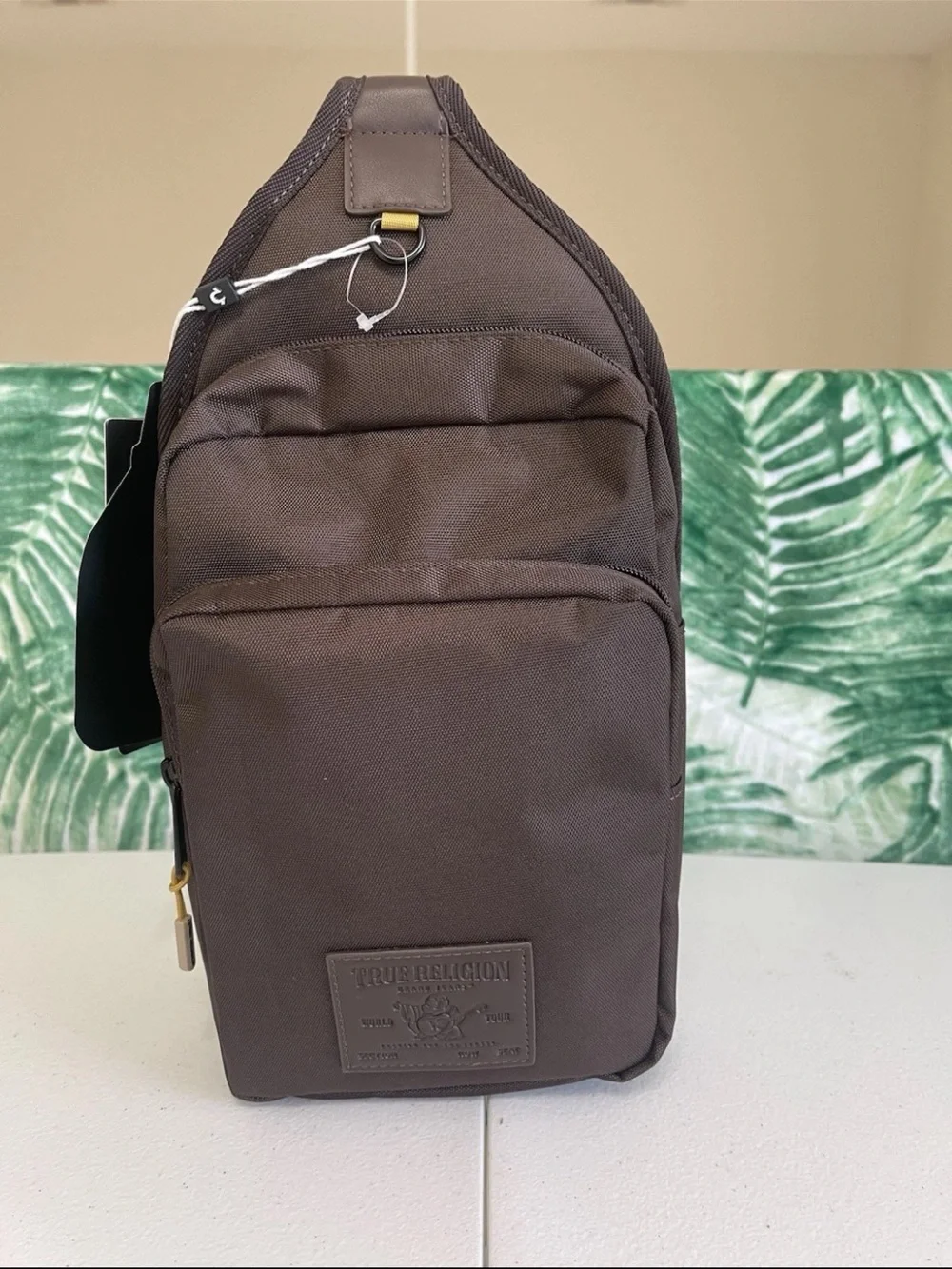 True Religion Brown Sling Belt Bag with Gold Accent